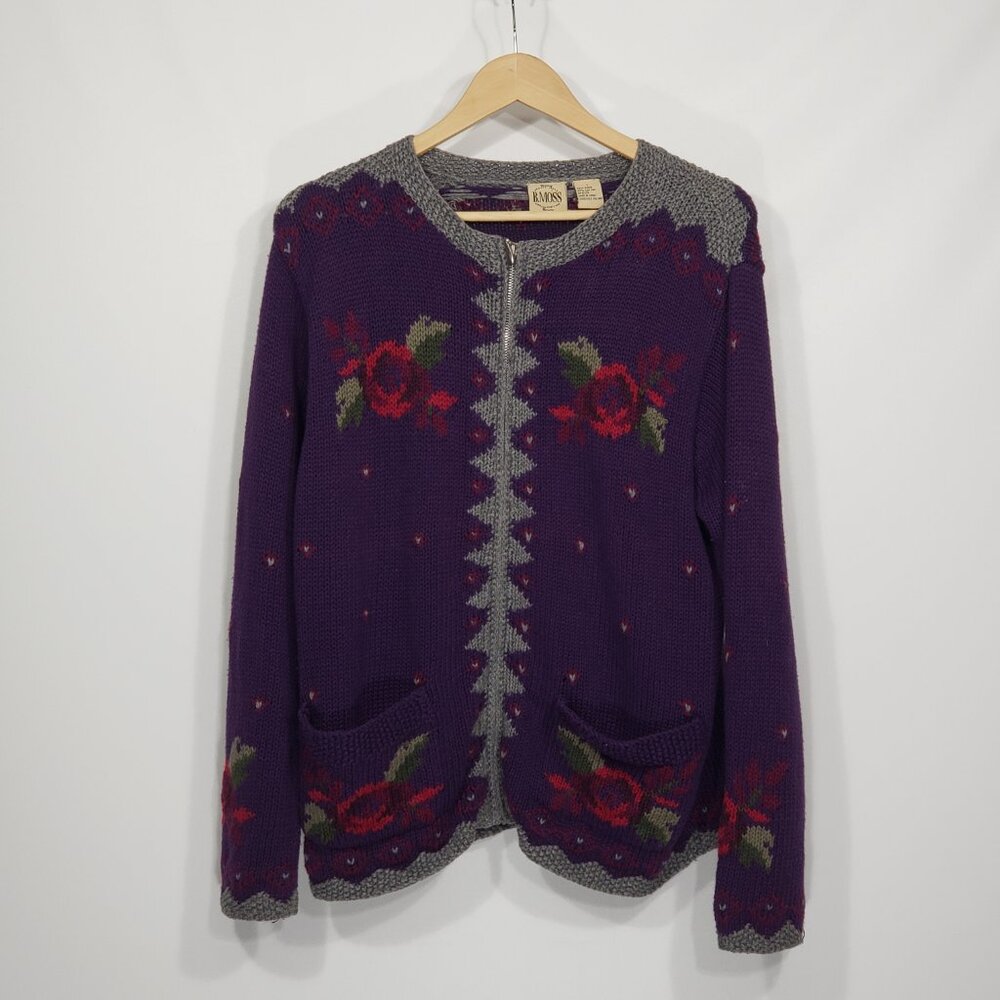 B Moss  Purple Zip Front Cardigan  Women's Large  Roses Floral